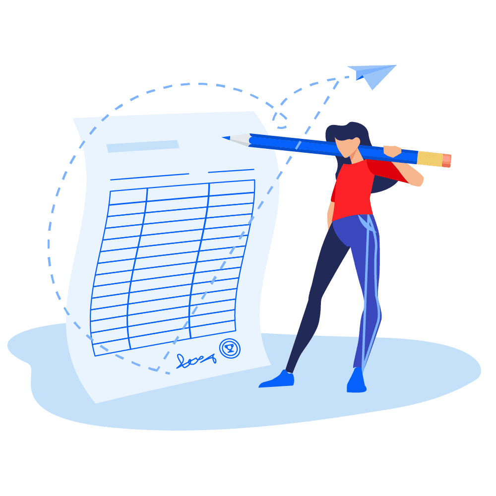 Illustration of woman holding pencil in front of paper